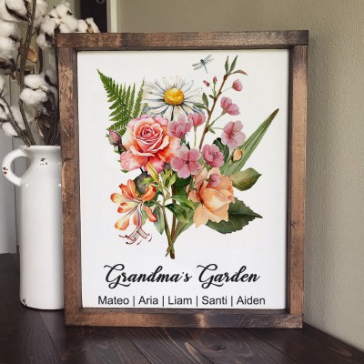 Personalised Grandma's Garden Birth Flower Bouquet Wooden Frame Family Gift For Mum Grandma Mother's Day Gift