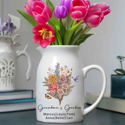 Personalised Grandma's Garden Bouquet Vase With Grandkids Birth Flowers Gift Ideas For Mum Grandma Mother's Day Gift