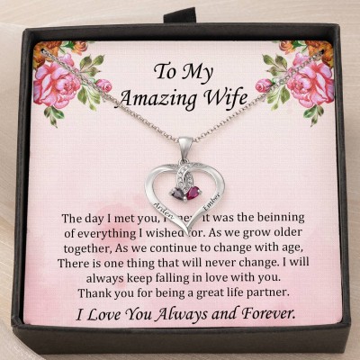 Personalised To My Wife Heart Birthstone Necklace with 2 Names Gifts for Anniversary Birthday Valentine's Day Gift Ideas
