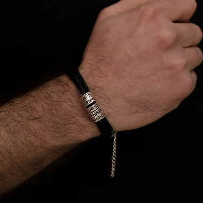 Personalised Men Silver Engraved Beads Genuine Leather Bracelet With Kids Names Perfect Gifts For Dad Unique Father's Day Gift Ideas