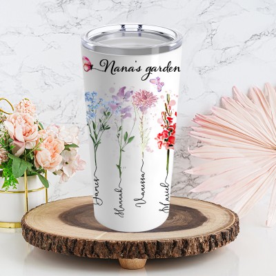 Personalised Nana's Garden Birth Month Flower Tumbler with Names Gift Ideas for Nana Grandma Christmas GIfts for Mum