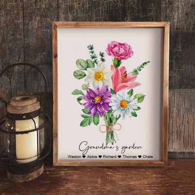 Personalised Grandma's Garden Birth Flower Bouquet Names Wood Sign Art Print Gifts for Grandma Mum Wife Her
