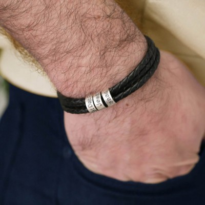 Custom Black Braided Silver Engraved Name Beads Leather Bracelet Gifts For Him Father's Day Gift For Dad