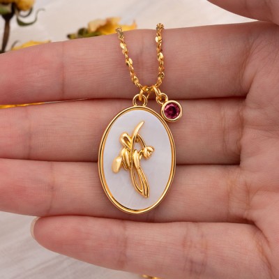 Personalised Birth Month Flower Mother Shell Gold Necklace With Birthstone Gift For Mum Her