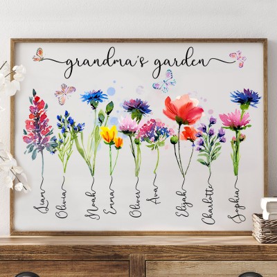 Personalised Grandma's Garden Birth Month Flower Print Frame with Kids Name Gift for Grandma Mum