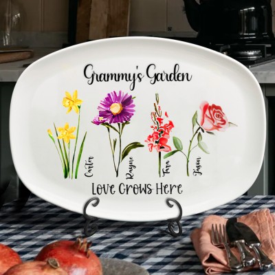Custom Grammy's Garden Birth Month Flower Platter With Kids Names Gift for Grammy Mum