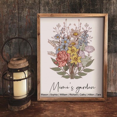 Personalised Mimi's Garden Birth Month Flower Bouquet Art Print Frame Gifts For Grandma Mum