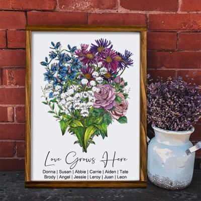 Custom Love Grows Here Birth Flower Bouquet Family Frame With Kids Names Gift for Mum Grandma Mother's Day Gift