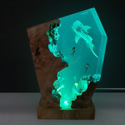 Ocean Whale Shark And Couple Diver Resin Wood Lamp