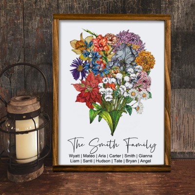 Custom Family Art Print Birth Flower Bouquet Frame With Names Heartful Gift for Mum Grandma Mother's Day Gift