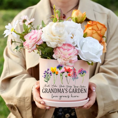 Personalised Grandma's Garden Outdoor Birth Flower Plant Pot with Kids Name Mother's Day Gifts Ideas