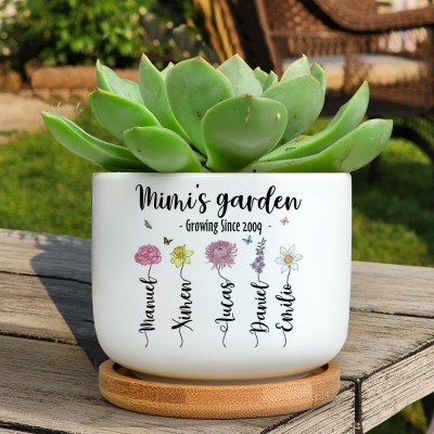 Personalised Mimi's Garden Birth Month Flower Mini Succulent Plant Pot with Names Keepsake GIfts For Mum Grandma Her