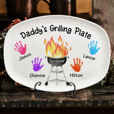 Personalised BBQ Daddy's Grilling Plate with Handprint and Kids Name Father's Day Gift