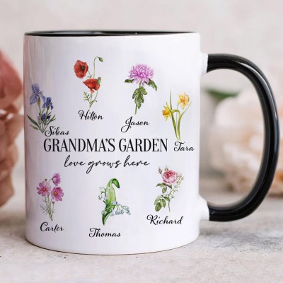 Custom Birth Month Flower Grandma's Garden Mug with Grandkids Names Love Gift Ideas for Mum Grandma Birthday Gift