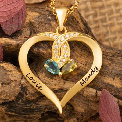 Personalised Couple Heart  Shaped Names Necklace With Birthstones Unique Gifts for Girlfriend Birthday Gift For Lover Special Anniversary Gifts Valentine's Day Gift