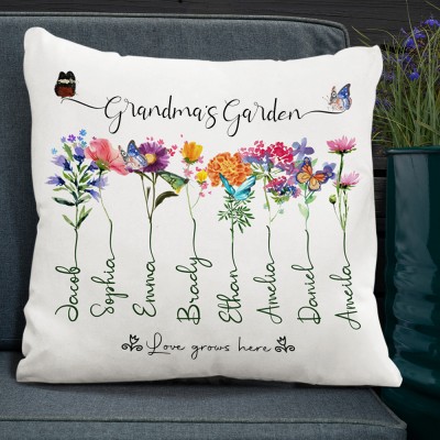 Custom Nana's Garden Birth Flower Pillow With Grandkids Names Unique Gift for Grandma Mum 