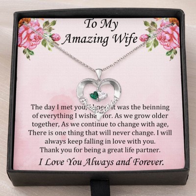 Personalised To My Wife Heart Shaped 2 Names and Birthstones Necklace Anniversary Gifts for Wife For Her