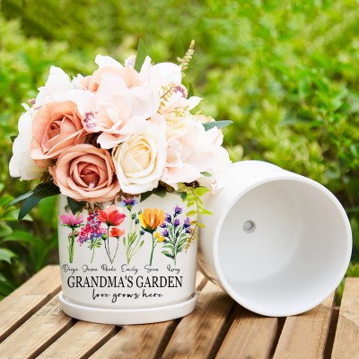 Personalised Grandma's Garden Birth Flower Outdoor Pot with Grandkids Names Mother's Day Gift