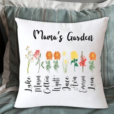 Mama's Garden Pillow Custom Birth Flower Pillow with Kids Names Gift for Mum Grandma Love Gift 