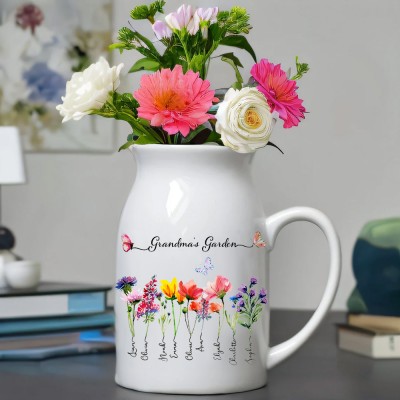 Custom Birth Flower Grandma's Garden Vase with Kids Names Gift Ideas for Mum Grandma Christmas Gift