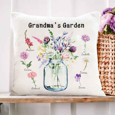 Grandma's Garden Custom Birth Flower Pillow with Grandkids Names Christmas Gifts Unique Gift Ideas for Mum Grandma