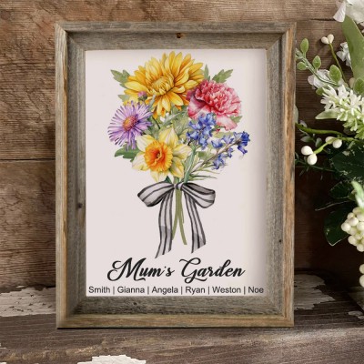 Custom Mum's Garden Frame With Birth Flower Bouquet And Kids Names Personalised Gift For Mum Grandma Mother's Day Gift