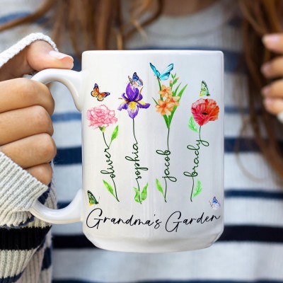 Grandma's Garden Birth Month Flower Mug with Grandkids Names Personalised Gift Ideas for Mum Grandma Family Keepsake Gift