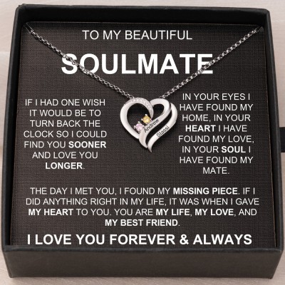 Custom To My Soulmate Heart Shaped Pendant Necklace With Couple Names And Birthstones Anniversary Day Gift For Wife Valentine's Day Gift For Girlfriend Birthday Gift For Best Friend