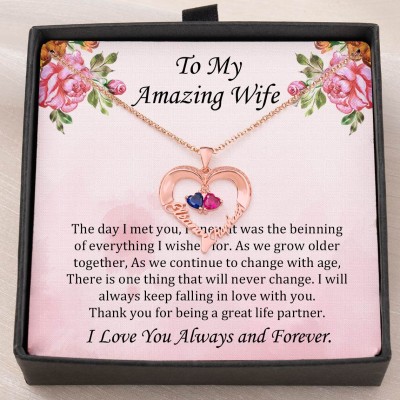 Custom To My Amazing Wife Heart Pendant Necklace with 2 Names and Birthstones Love Anniversary Gifts For Wife