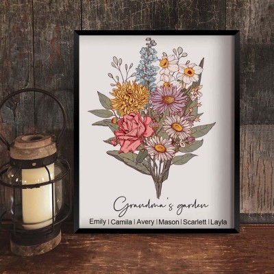 Personalised Grandma's Garden Birth Month Flower Bouquet Art Print Frame with Grandkids Names