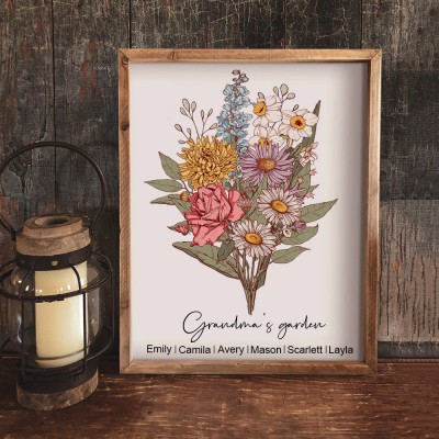 Personalised Grandma's Garden Birth Flower Bouquet Art Print Gift For Grandma Mum Wife Her