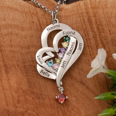 Personalised Art Heart Mum Necklace With Kids Names And Birthstones Family Keepsake Gifts For New Mum Birthday Gift For Mum Grandma Mother's Day Gift