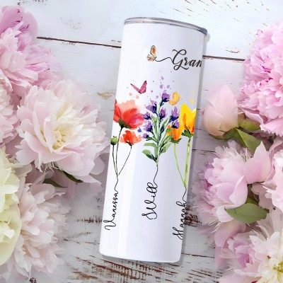 Personalised Birth Month Flower Tumbler with Grandkids Names Grandma's Garden Tumbler Christmas Gifts 