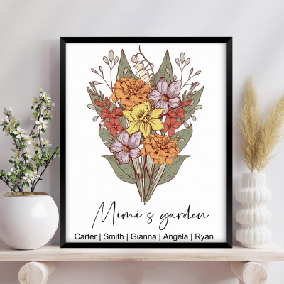 Personalised Mimi's Garden Birth Flower Bouquet Art Print Frame Gift Ideas for Mum Grandma Christmas Gifts