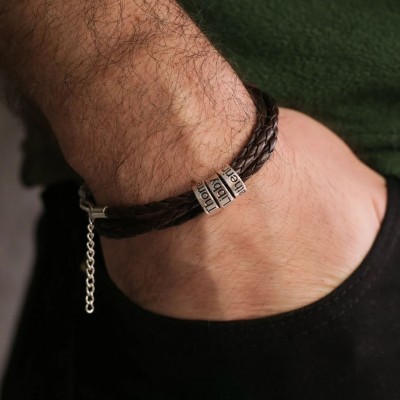 Personalised Men Engraved Beads Leather Bracelet With Kids Name Gift For Dad Father's Day Gift Ideas
