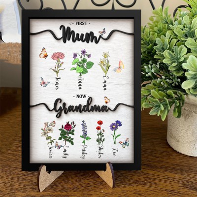 Custom First Mum Now Grandma Birth Flowers Frame Sign With Kids Names Family Gift For Mum Grandma Mother's Day Gift Ideas