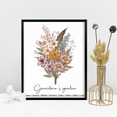 Personalised Grandma's Garden Birth Flower Bouquet Frame Gifts for Grandma Mum