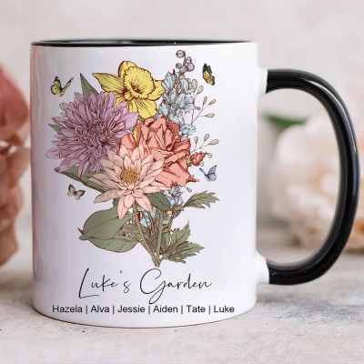 Custom Garden Birth Flower Bouquet Mug With Kids' Names Personalised Family Gift For Mum Grandma Mother's Day Gifts Ideas