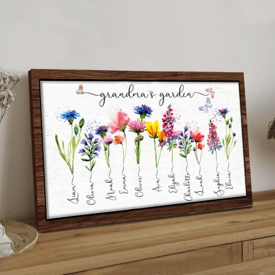 Personalised Birth Month Flower Grandmas Garden Kids Name Wood Sign Gift For Grandma Mum Her