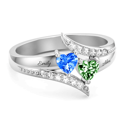 S925 Sterling Silver Personalised Double Heart Birthstone Promise Ring For Her