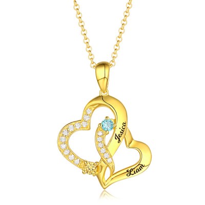 Personalised Double Heart Necklace With 2 Names & Birthstones