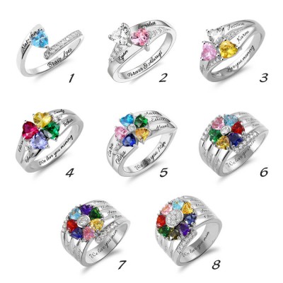 Personalised S925 Silver Engraved Heart-Shaped Birthstones Ring with 1-8 Names For Mum