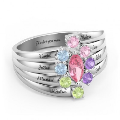 S925 Sterling Silver Personalised Custom Marquise Family Ring with 1-8 Birthstones For Mum