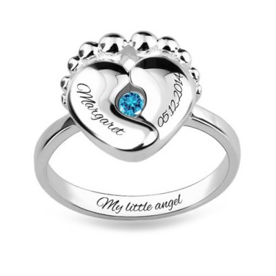 S925 Sterling Silver Personalised Engraved Baby Feet Ring With Birthstone