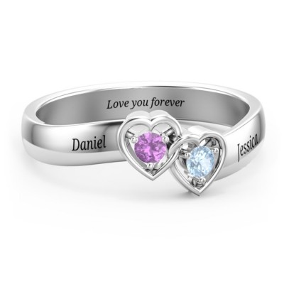 S925 Sterling Silver Personalised Double Interlocked Hearts Promise Ring For Couples
