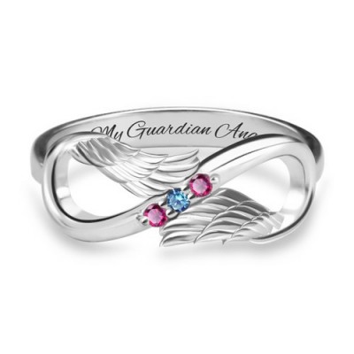 S925 Sterling Silver Personalised Angel Wings Infinity Ring With Birthstones For Her