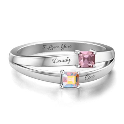 S925 Sterling Silver Personalised Birthstone Promise Ring Platinum Plated For Her
