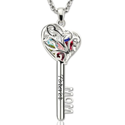 Personalised Mum Heart Cage Key Necklace With 1-8 Birthstones