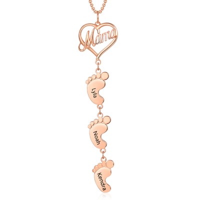 18K Rose Gold Plating Personalised Mom Necklace With Baby Feet 1-10 Pendants