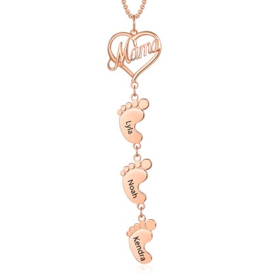 18K Rose Gold Plating Personalised Mum Necklace With Baby Feet 1-10 Pendants